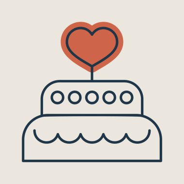 Wedding cake dessert with heart icon. Valentines day symbol. Vector illustration, romance elements. Sticker, patch, badge, card for marriage