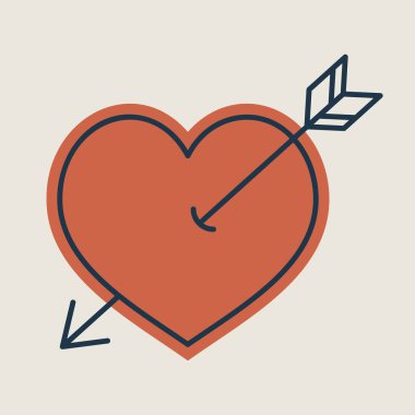 Ok kalp simgesi. İşareti seviyorum. Sevgililer günü sembolü. Vektör çizim, romantizm unsurları. Etiket, yama, rozet, kart için evlilik, düğün