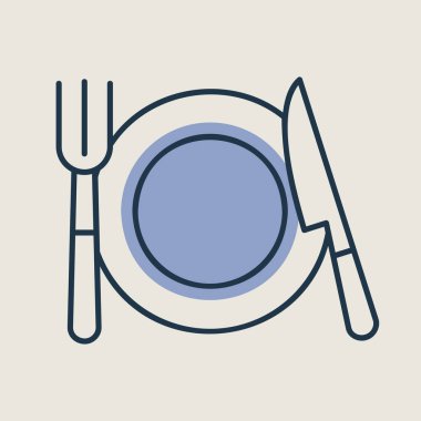 Plate, fork and knife isolated icon. Vector illustration, romance elements. Sticker, patch, badge, card for marriage, valentine