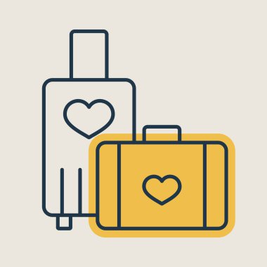 Suitcase and honeymoon on vacation wedding isolated icon. Vector illustration, romance elements. Sticker, patch, badge, card for marriage, valentine