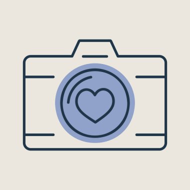 Wedding party camera with love lens isolated icon. Vector illustration, romance elements. Sticker, patch, badge, card for marriage, valentine