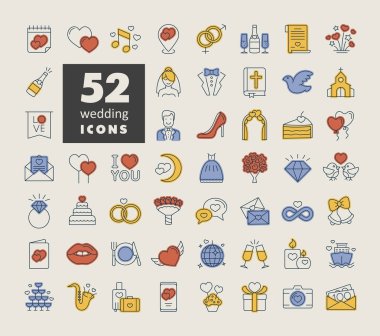 Wedding, marriage, bridal isolated icon set. Vector illustration, romance elements. Sticker, patch, badge, card for marriage, valentine
