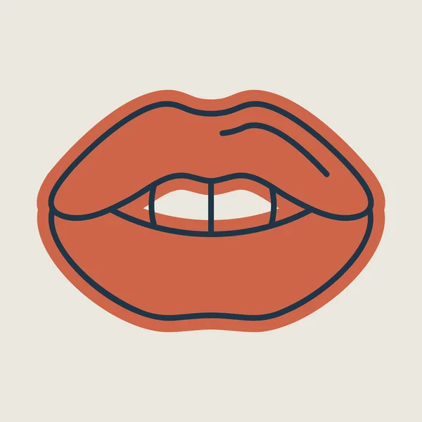 女性の赤い唇のアイコンのイラスト 歯を持つ女性の口の形 グリーティング カードのデザイン ファッション バナー愛ポスター口紅化粧品で美しいキス記号です ポップアート水玉バック グラウンド — ストックベクタ