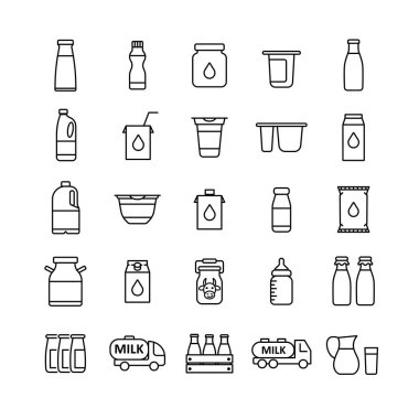 Süt kutuları ve şişe vektör simgesi. Süt ürünleri tabelası. Yemek pişirme web sitesi ve uygulama tasarımı, logo, uygulama, UI için grafik sembolü