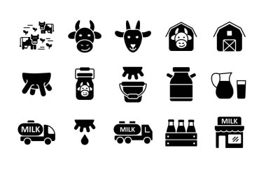 Süt vektörü simgeleri ayarlandı. Süt ürünleri tabelası. Yemek pişirme web sitesi ve uygulama tasarımı, logo, uygulama, UI için grafik sembolü