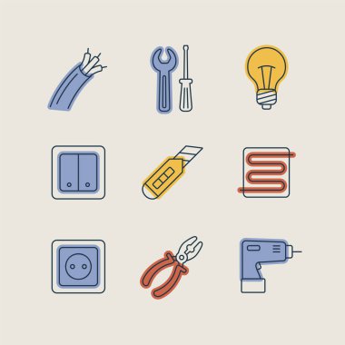 Ev onarımı, elektrik vektör simgeleri ayarlandı. Web sitenizin tasarımı için grafik sembolü, logo, uygulama, UI. Vektör illüstrasyonu, EPS10.