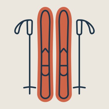 Kayak ve çubuk vektör izole ikonu. Kış işareti. Seyahat ve turizm web sitesi ve uygulama tasarımı, logo, uygulama, UI için grafik sembolü
