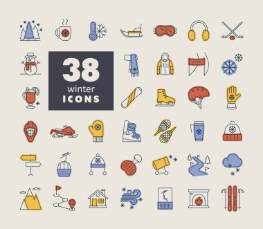 Kış vektörü izole edilmiş simge seti. Seyahat ve turizm web sitesi ve uygulama tasarımı, logo, uygulama, UI için grafik sembolü