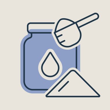 Süt tozu konserve ve kaşık vektör simgesi. Süt ürünleri tabelası. Yemek pişirme web sitesi ve uygulama tasarımı, logo, uygulama, UI için grafik sembolü
