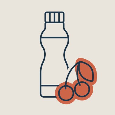 Kiraz ikonlu, içilebilir yoğurt şişesi. Süt ürünleri tabelası. Yemek pişirme web sitesi ve uygulama tasarımı, logo, uygulama, UI için grafik sembolü