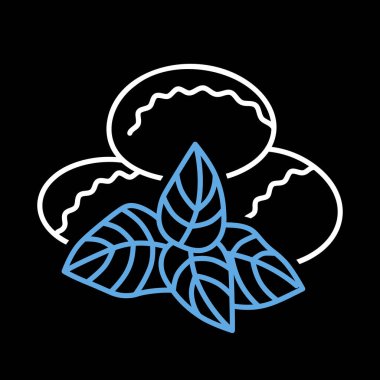 Siyah arkaplan ikonunda fesleğen vektörü olan Mozzarella peyniri. Süt ürünleri tabelası. Yemek pişirme web sitesi ve uygulama tasarımı, logo, uygulama, UI için grafik sembolü