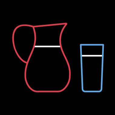 Siyah arkaplan simgesinde süt sürahisi ve bir bardak süt vektörü. Süt ürünleri tabelası. Yemek pişirme web sitesi ve uygulama tasarımı, logo, uygulama, UI için grafik sembolü