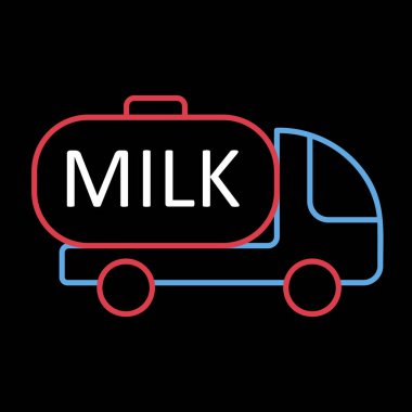 Süt teslimatı, siyah arkaplan ikonunda süt vektörü olan bir kamyon. Süt ürünleri tabelası. Yemek pişirme web sitesi ve uygulama tasarımı, logo, uygulama, UI için grafik sembolü