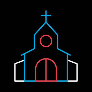 Siyah arkaplan ikonunda çapraz izole edilmiş kilise. Vektör çizimi, romantik unsurlar. Etiket, yama, rozet, evlilik kartı, sevgililer günü kartı.
