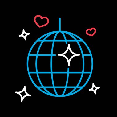 Disko topu, Parti elemanı siyah arkaplan simgesinde izole edildi. Vektör çizimi, romantik unsurlar. Etiket, yama, rozet, evlilik kartı, sevgililer günü kartı.