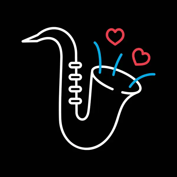 Söt Saxofon Och Blåser Hjärtan Isolerad Svart Bakgrund Ikon Vektorillustration — Stock vektor