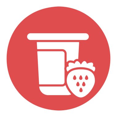Yoğurt kabı, aromalı çilek vektör ikonlu plastik kap. Süt ürünleri tabelası. Yemek pişirme web sitesi ve uygulama tasarımı, logo, uygulama, UI için grafik sembolü