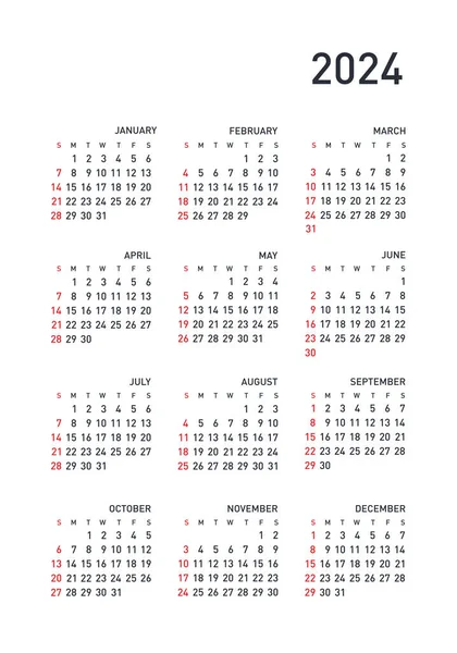 Calendar 2024 Year Black White Vector Template Week Starts Sunday Royalty Free Stock Vectors