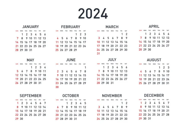Calendar 2024 Year Black White Vector Template Week Starts Sunday Stock Illustration