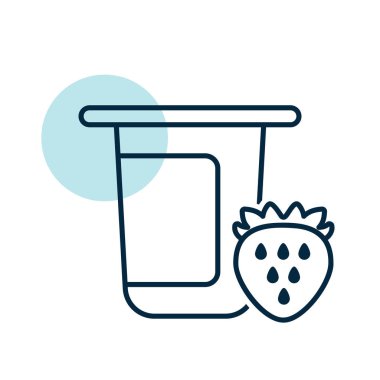 Yoğurt kabı, aromalı çilek vektör ikonlu plastik kap. Süt ürünleri tabelası. Yemek pişirme web sitesi ve uygulama tasarımı, logo, uygulama, UI için grafik sembolü