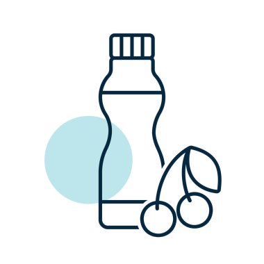 Kiraz ikonlu, içilebilir yoğurt şişesi. Süt ürünleri tabelası. Yemek pişirme web sitesi ve uygulama tasarımı, logo, uygulama, UI için grafik sembolü