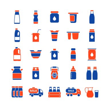 Süt kutuları ve şişe vektör simgesi. Süt ürünleri tabelası. Yemek pişirme web sitesi ve uygulama tasarımı, logo, uygulama, UI için grafik sembolü