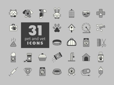 Evcil hayvan ve veteriner vektörü gri tonlama ikonu seti. Evcil hayvan ve veteriner web sitesi ve uygulama tasarımı, logo, uygulama, UI için grafik sembolü