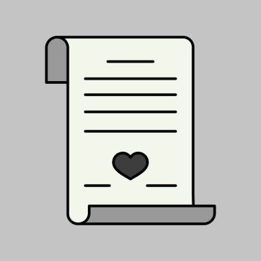 Evlilik sözleşmesi. Evlilik sertifikası gri tonlama simgesini izole etti. Vektör çizimi, romantik unsurlar. Etiket, yama, rozet, evlilik kartı, sevgililer günü kartı.