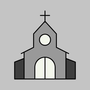 Çapraz izole edilmiş gri tonlu bir kilise. Vektör çizimi, romantik unsurlar. Etiket, yama, rozet, evlilik kartı, sevgililer günü kartı.