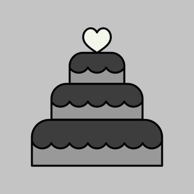 Yığılmış düğün pastası tatlısı ve kalp kaplaması izole edilmiş gri tonda ikon. Vektör çizimi, romantik unsurlar. Etiket, yama, rozet, evlilik kartı, sevgililer günü kartı.