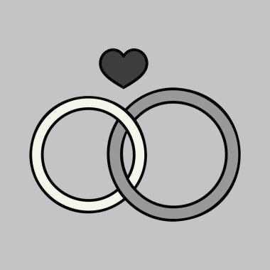 Bir kalp izole edilmiş gri tonlu alyanslar. Vektör çizimi, romantik unsurlar. Etiket, yama, rozet, evlilik kartı, sevgililer günü kartı.