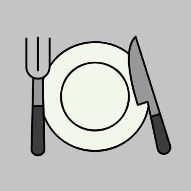 Tabak, çatal ve bıçak izole edilmiş gri tonlama ikonu. Vektör çizimi, romantik unsurlar. Etiket, yama, rozet, evlilik kartı, sevgililer günü kartı.