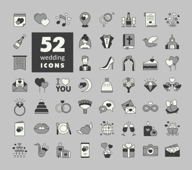 Düğün, evlilik, izole edilmiş gri tonlama ikonu seti. Vektör çizimi, romantik unsurlar. Etiket, yama, rozet, evlilik kartı, sevgililer günü kartı.