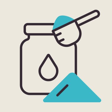 Süt tozu konserve ve kaşık vektör simgesi. Süt ürünleri tabelası. Yemek pişirme web sitesi ve uygulama tasarımı, logo, uygulama, UI için grafik sembolü