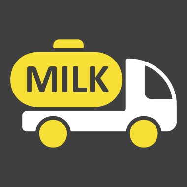 Süt teslimatı, koyu arkaplan ikonunda süt vektörü olan bir kamyon. Süt ürünleri tabelası. Yemek pişirme web sitesi ve uygulama tasarımı, logo, uygulama, UI için grafik sembolü