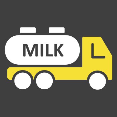 Süt teslimatı, koyu arkaplan ikonunda süt vektörü olan bir kamyon. Süt ürünleri tabelası. Yemek pişirme web sitesi ve uygulama tasarımı, logo, uygulama, UI için grafik sembolü