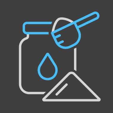 Süt tozu konserve ve koyu arkaplan simgesinde kaşık vektörü. Süt ürünleri tabelası. Yemek pişirme web sitesi ve uygulama tasarımı, logo, uygulama, UI için grafik sembolü