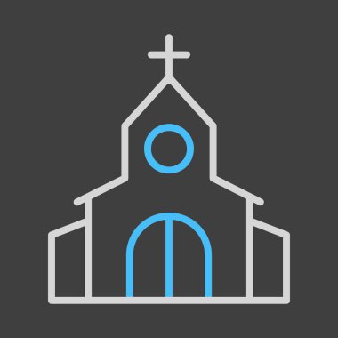Karanlık arka plan ikonunda çapraz izole edilmiş bir kilise. Vektör çizimi, romantik unsurlar. Etiket, yama, rozet, evlilik kartı, sevgililer günü kartı.