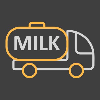 Süt teslimatı, koyu arkaplan ikonunda süt vektörü olan bir kamyon. Süt ürünleri tabelası. Yemek pişirme web sitesi ve uygulama tasarımı, logo, uygulama, UI için grafik sembolü