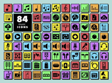 Müzik vektörü düz izole edilmiş neo-gaddarlık ikonu seti. Müzik ve ses web sitesi için grafik sembolü ve uygulama tasarımı, logo, uygulama, UI