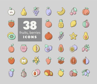 Set of Fruits and Berries vector icon. Graph symbol for food and drinks web site, apps design, mobile apps and print media, logo, UI