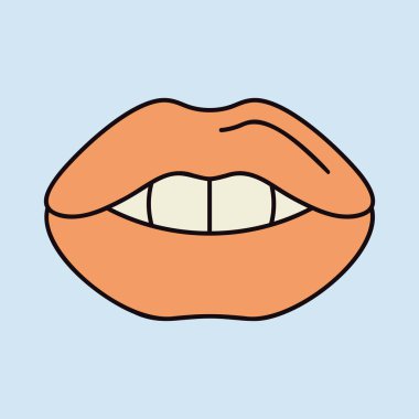 Kadın kırmızı dudaklar simge tasarlamak. Dişleri olan kadın ağız şekli. Ruj makyaj için aşk poster, moda afiş, tebrik kartı tasarımı ile güzel öpücük sembolü. Pop art polka dot arka plan