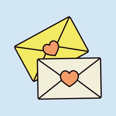 İki zarf simgesi. Aşk mektubu. Sevgililer günü sembolü. Vektör çizim, romantizm unsurları. Etiket, yama, rozet, kart için evlilik, düğün