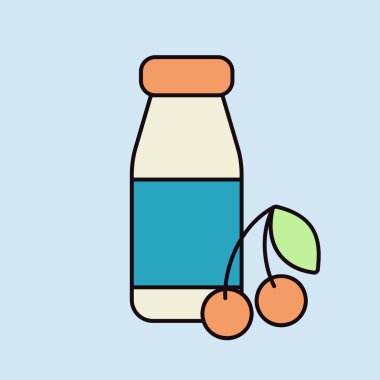 Kiraz ikonlu, içilebilir yoğurt şişesi. Süt ürünleri tabelası. Yemek pişirme web sitesi ve uygulama tasarımı, logo, uygulama, UI için grafik sembolü