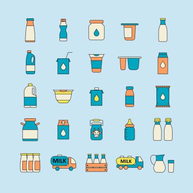 Süt kutuları ve şişe vektör simgesi. Süt ürünleri tabelası. Yemek pişirme web sitesi ve uygulama tasarımı, logo, uygulama, UI için grafik sembolü