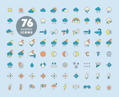 Vektör hava tahmini ikonu ayarlandı. Meteoroloji işareti. Seyahat, turizm ve hava durumu web sitesi ve uygulama tasarımı, logo, uygulama, UI için grafik sembolü