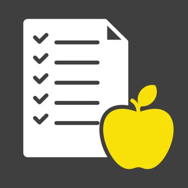 Koyu arkaplanda elma vektörü simgesi olan diyet listesi. Fitness ve kilo kaybı web sitesi için grafik sembolü ve uygulama tasarımı, logo, uygulama, UI
