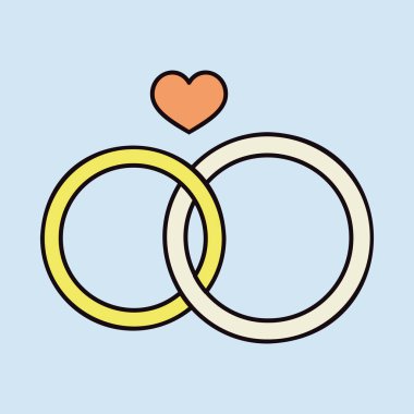 Wedding rings with a heart isolated icon. Vector illustration, romance elements. Sticker, patch, badge, card for marriage, valentine