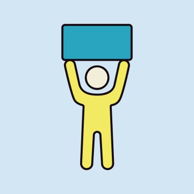 Man standing and holding in raised hands a big sign, banner, card vector isolated icon. Demonstration, manifestation, protest, strike, revolution