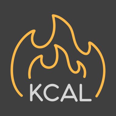 Kcal Fire vektörü koyu arkaplan simgesinde. Kalori yanığı, yağ yanığı işareti. Fitness ve kilo kaybı web sitesi için grafik sembolü ve uygulama tasarımı, logo, uygulama, UI